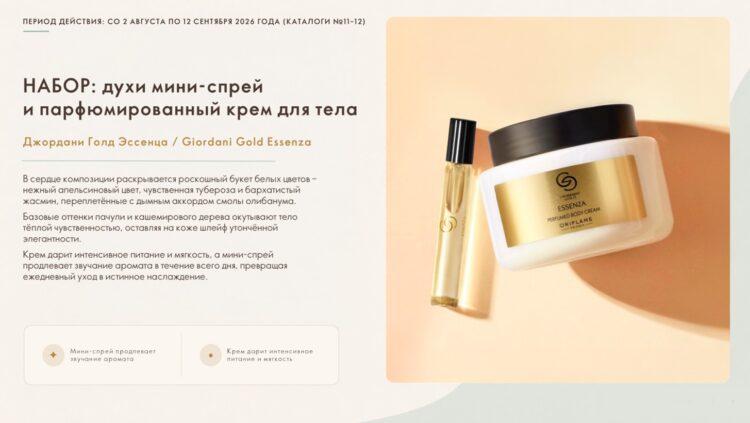 Набор из 2-х продуктов - парфюмированный крем для тела и женские духи (мини-спрей) Джордани Голд Эссенца/ Giordani Gold Essenza (47011 и 48032)